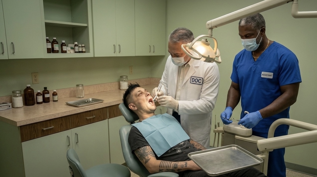 Doc Tommy at work in the operatory, his assistant beside him, a patient in the chair.
