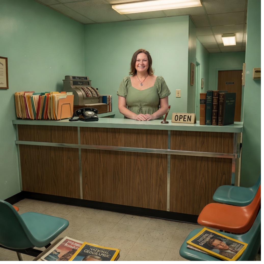 The front desk: Tracy behind the counter, an OPEN sign, a rotary phone, a cash register.