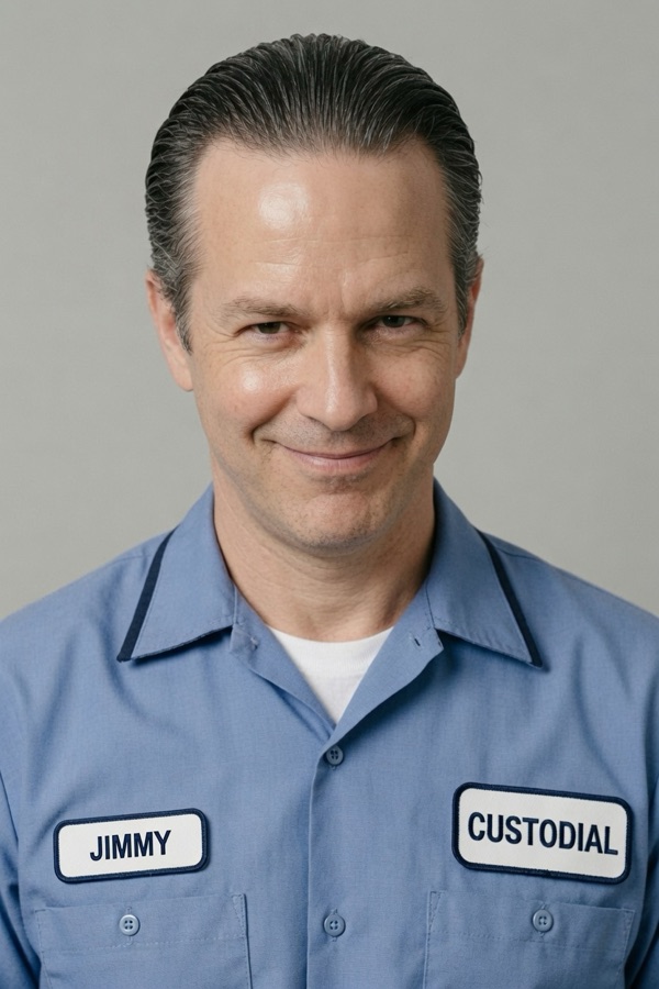 Jimmy Reid in a custodial uniform, name patch on the chest.