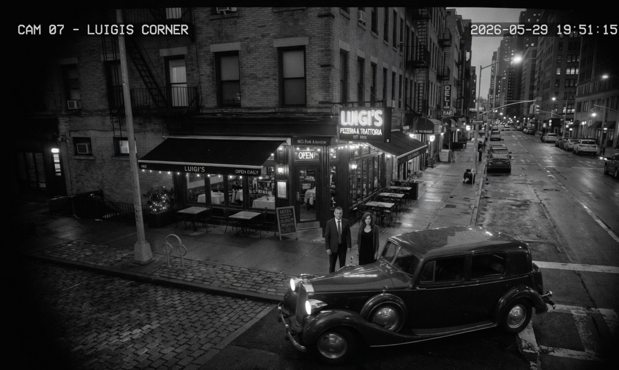 Surveillance still: two figures outside Luigi's Pizzeria & Trattoria, a vintage Rolls-Royce at the curb.