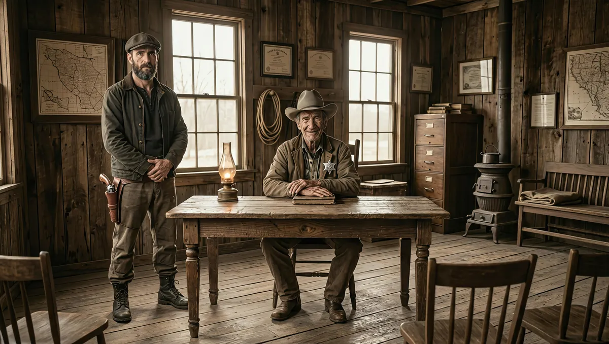 Earl at his desk in his chambers, Cody standing beside him with a holstered pistol