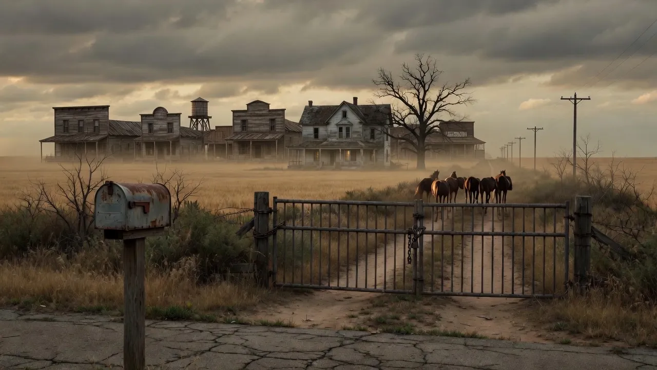 The farmhouse and its old frontier buildings across a field of wheat, horses on the road beyond a chained gate and a rusted mailbox.