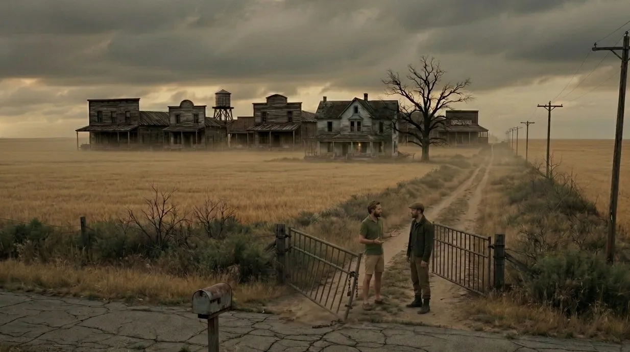 Two men talking at an open gate on a dirt road, a farmhouse and a row of old frontier buildings across the wheat behind them.