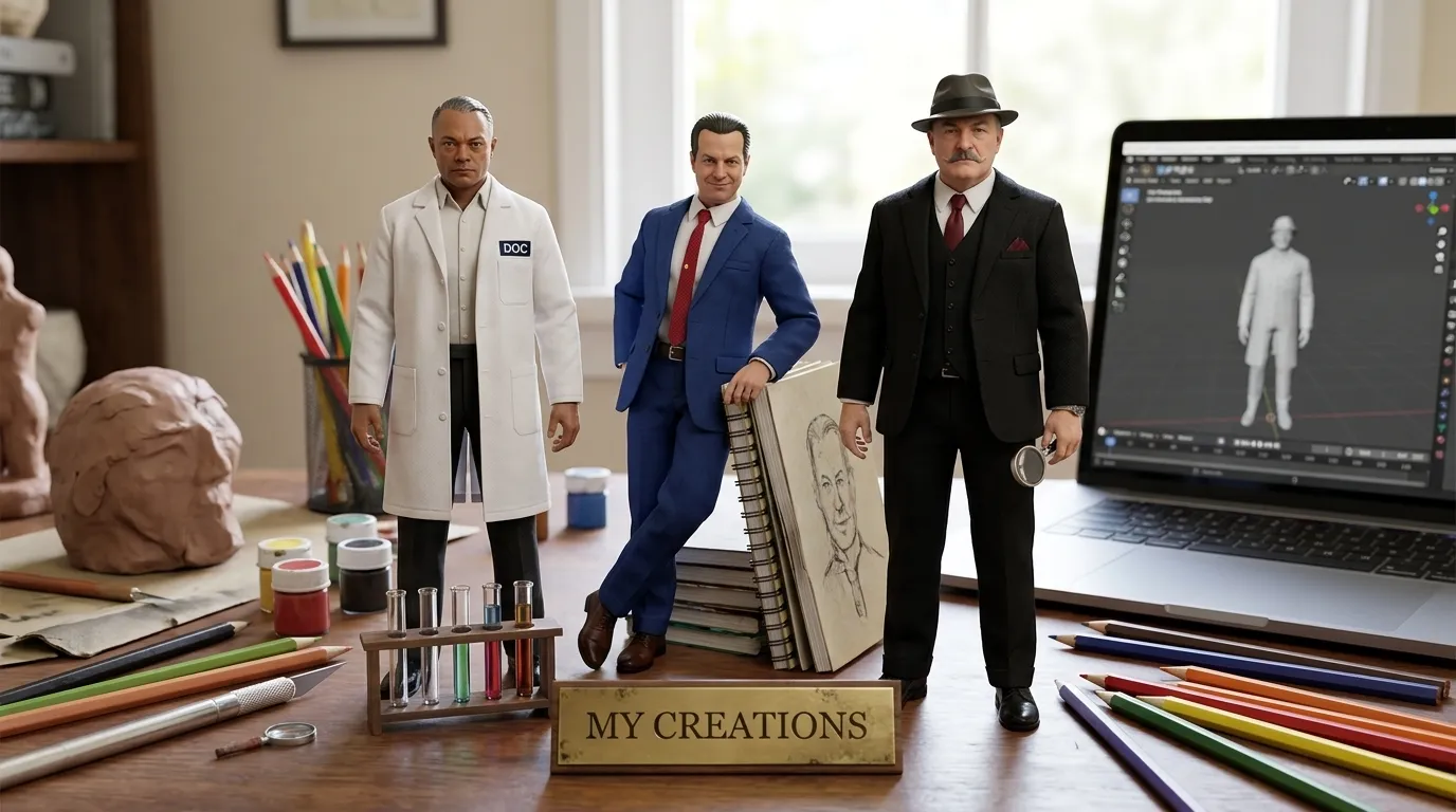Three figurines on Wolfe's desk, one in a white DOC coat and two in suits, beside sketchbooks, a clay head and a laptop, above a brass plaque reading My Creations.